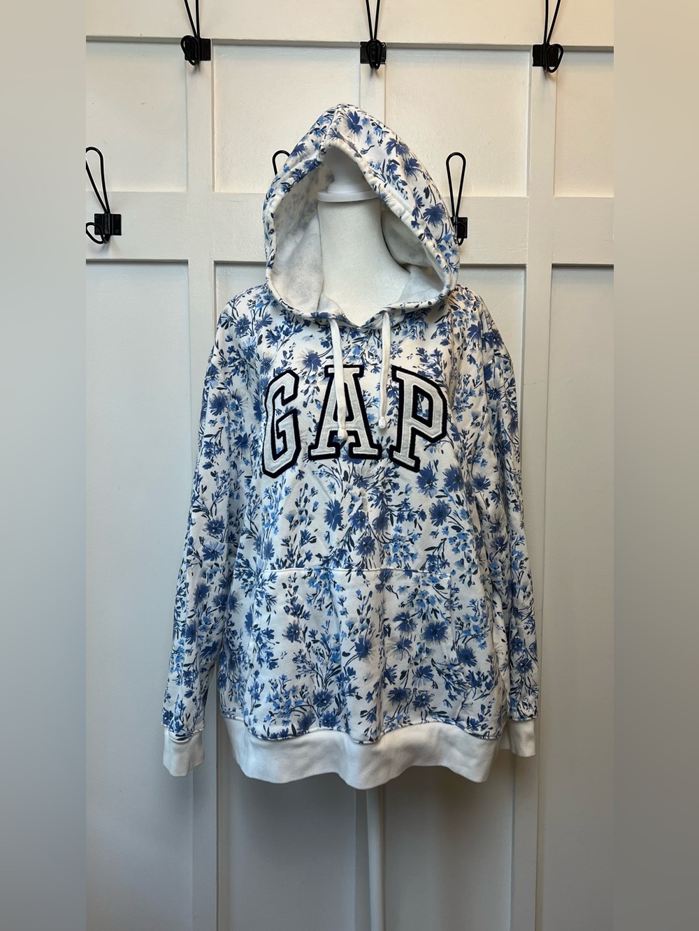 Gap Floral Hoodie Sweatshirt Sz XL Blue White Cottagecore Coquette Boho Pullover